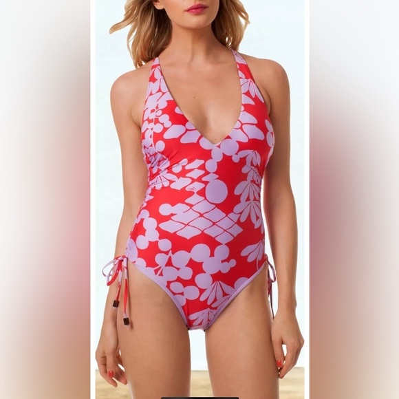 Trina Turk Bali Blossom Red Lavender High Leg One Piece Swimsuit $154 - Picture 5 of 9